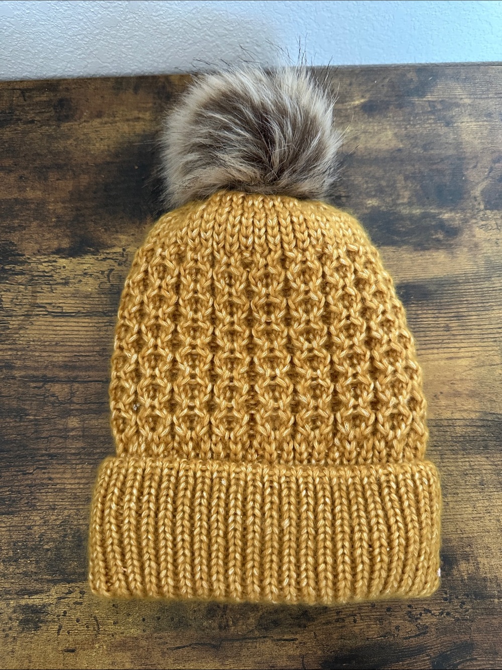 Mustard Knit Pom Beanie Hat - Women's Winter Accessory